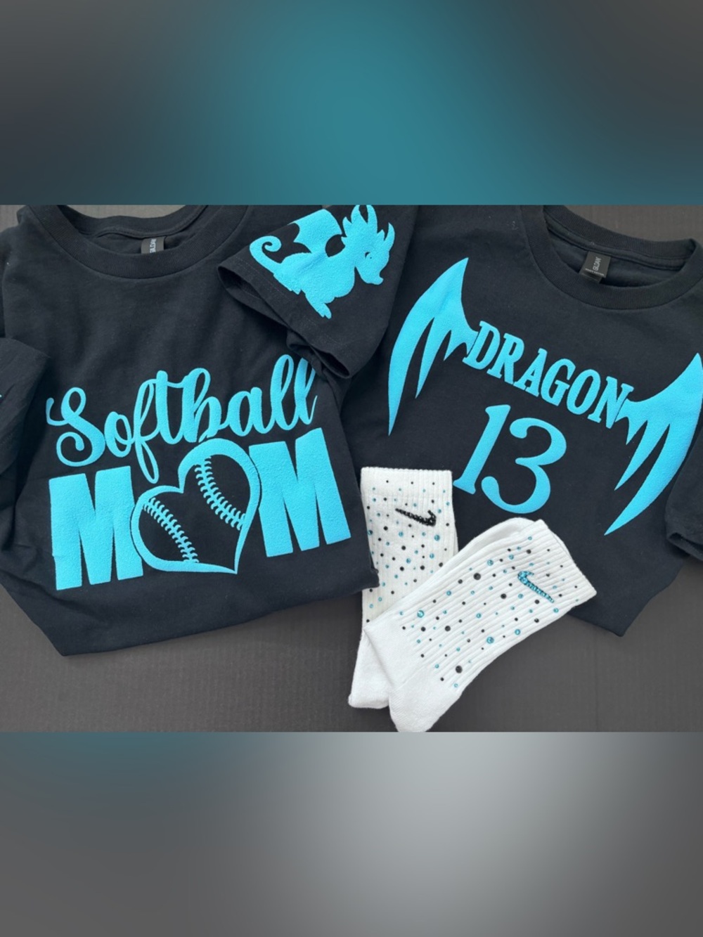 Custom Black Tee with Bright Turquoise Graphics